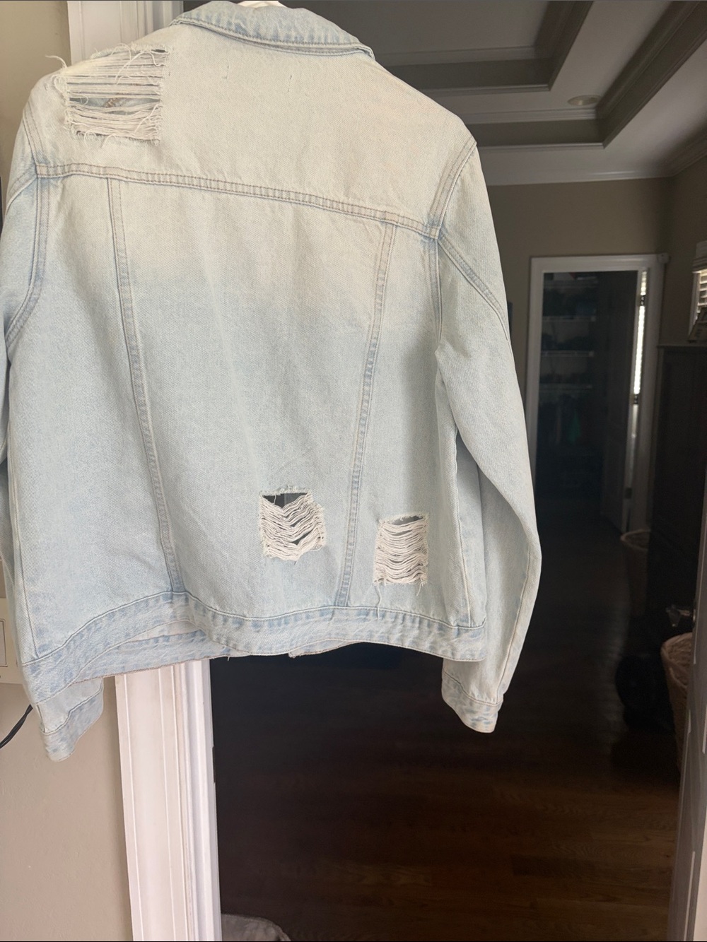Zenana Outfitters Pale Light Blue Distressed Denim Jacket - Picture 2 of 2